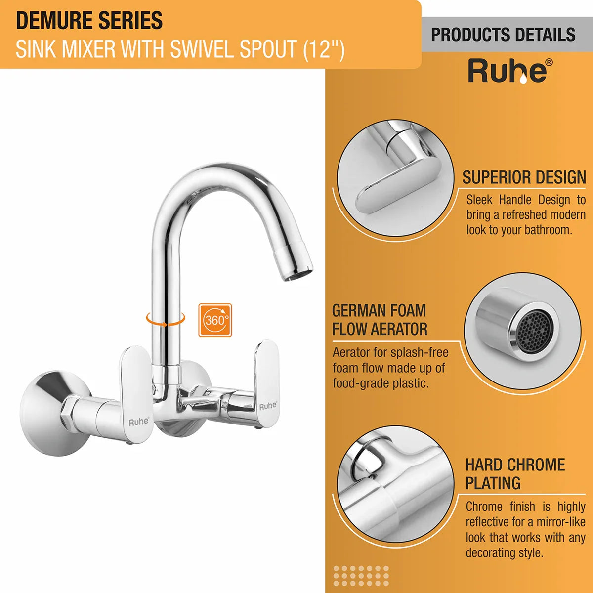 Demure Sink Mixer Brass Faucet with Small (12 inches) Round Swivel Spout - by Ruhe