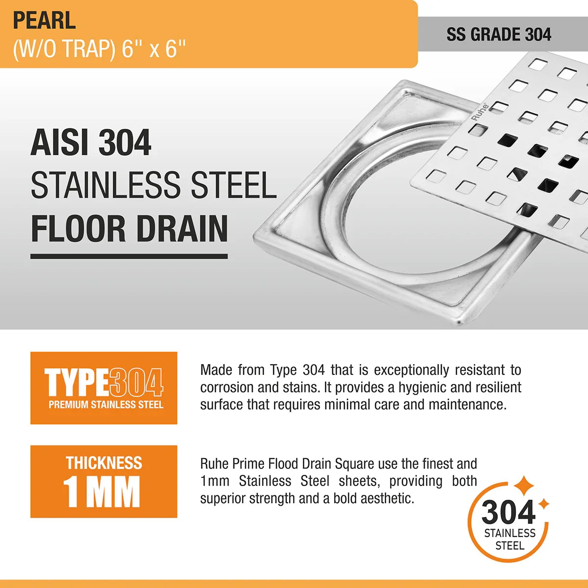 Pearl Square 304-Grade Floor Drain (6 x 6 Inches) - by Ruhe