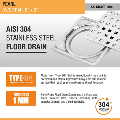 Pearl Square 304-Grade Floor Drain (6 x 6 Inches) - by Ruhe