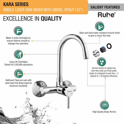 Kara Single Lever Wall-mount Kitchen Sink Mixer Tap with Medium Swivel Spout (15") - by Ruhe