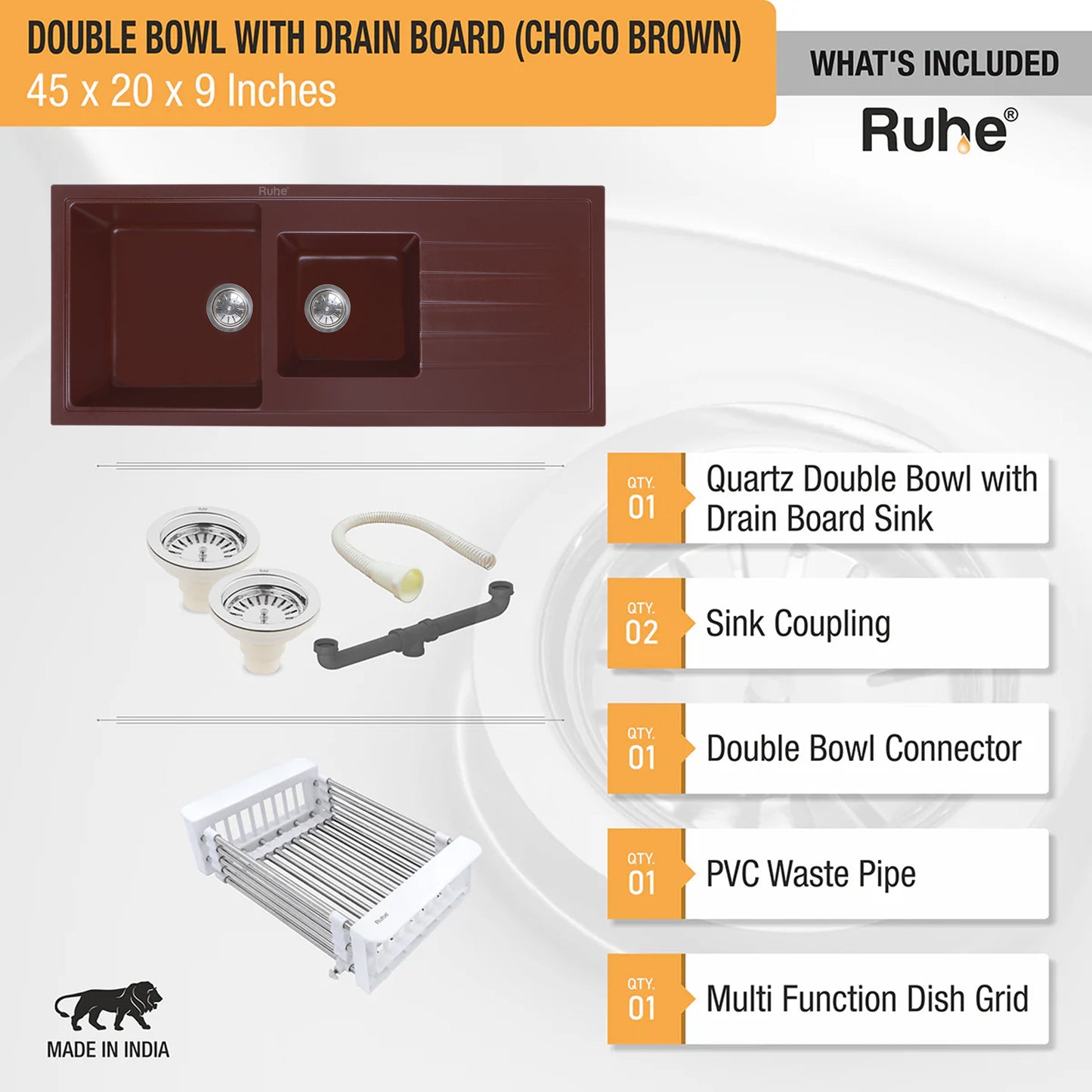 Quartz Double Bowl with Drainboard Kitchen Sink (45 x 20 x 9 inches)