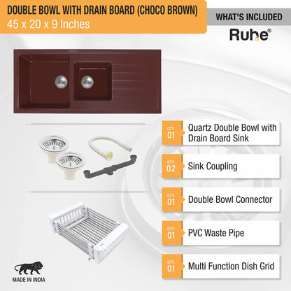 Quartz Double Bowl with Drainboard Kitchen Sink (45 x 20 x 9 inches)
