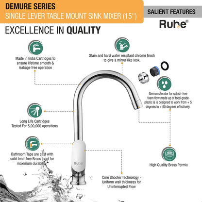 Demure Single Lever Table-Mount Sink Mixer Brass Faucet with Medium (15 Inches) Round Swivel Spout features and benefits