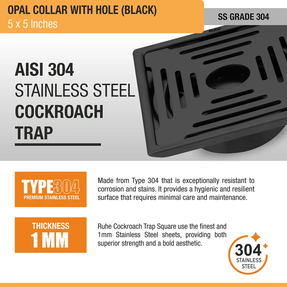 Opal Square 304-Grade Floor Drain in Black PVD Coating (5 x 5 Inches) with Hole stainless steel