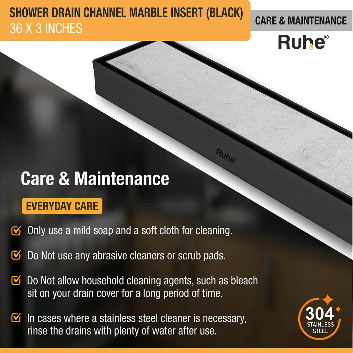 Marble-Insert Shower Drain Channel (3 Inches)