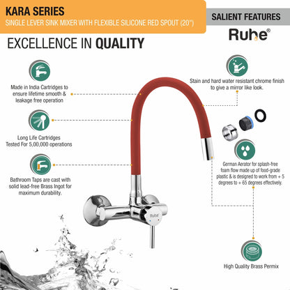 Kara Single Lever Wall-mount Kitchen Sink Mixer Tap with Red Silicone Spout - Features