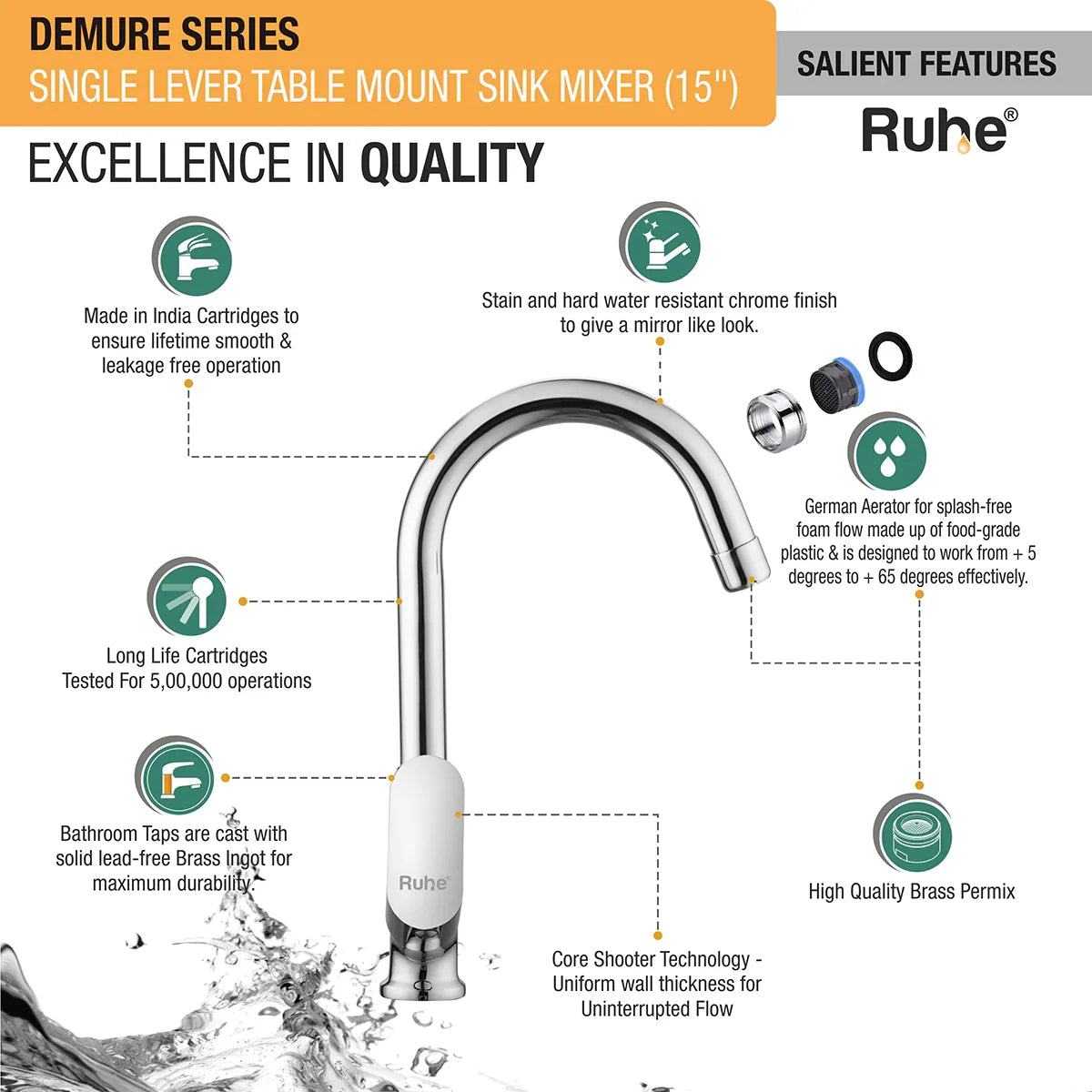 Demure Single Lever Table-Mount Sink Mixer Brass Faucet with Medium (15 Inches) Round Swivel Spout features and benefits