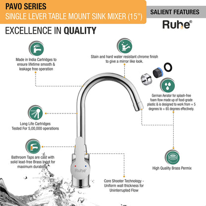 Pavo Single Lever Table-Mount Sink Mixer with Medium (15 Inches) Round Swivel Spout Brass Faucet features and benefits