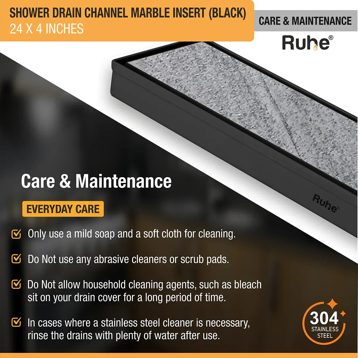 Marble-Insert Shower Drain Channel (4 Inches)