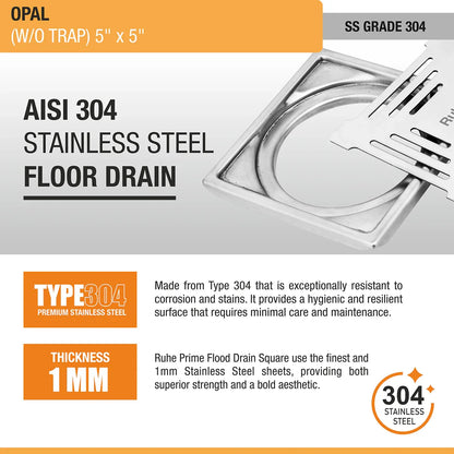 Opal Square 304-Grade Floor Drain (5 x 5 Inches) - by Ruhe