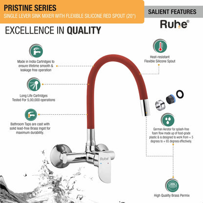 Pristine Single Lever Wall-mount Kitchen Sink Mixer Tap with Red Silicone Spout - by Ruhe