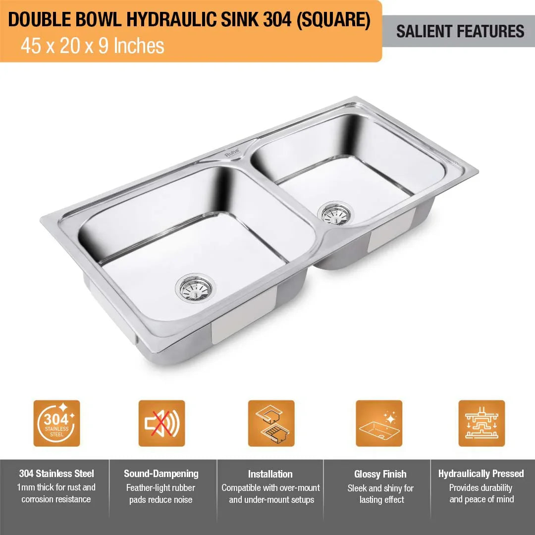 Double Bowl Kitchen Sink (45 x 20 x 9 Inches)(Salient Features)