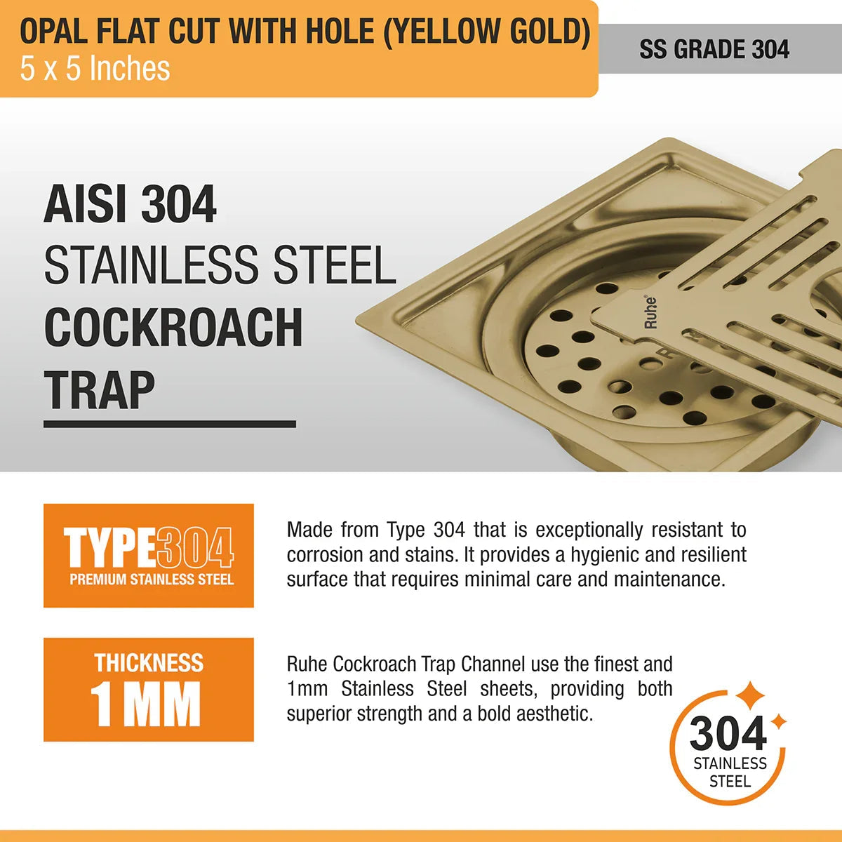 Opal Square Flat Cut Floor Drain in Yellow Gold PVD Coating (5 x 5 Inches) with Hole stainless steel