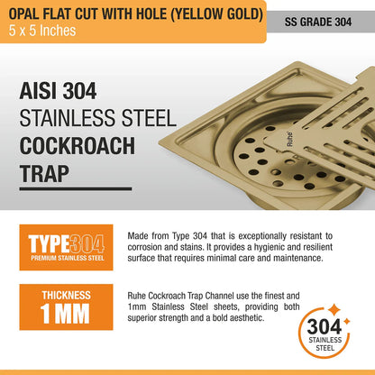 Opal Square Flat Cut Floor Drain in Yellow Gold PVD Coating (5 x 5 Inches) with Hole stainless steel