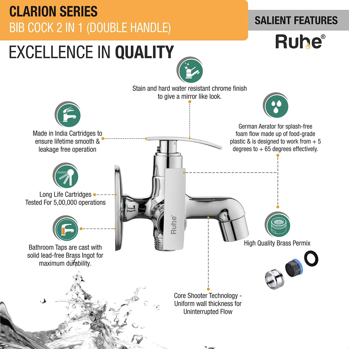 Clarion Two Way Bib Tap Brass Faucet (Double Handle) features