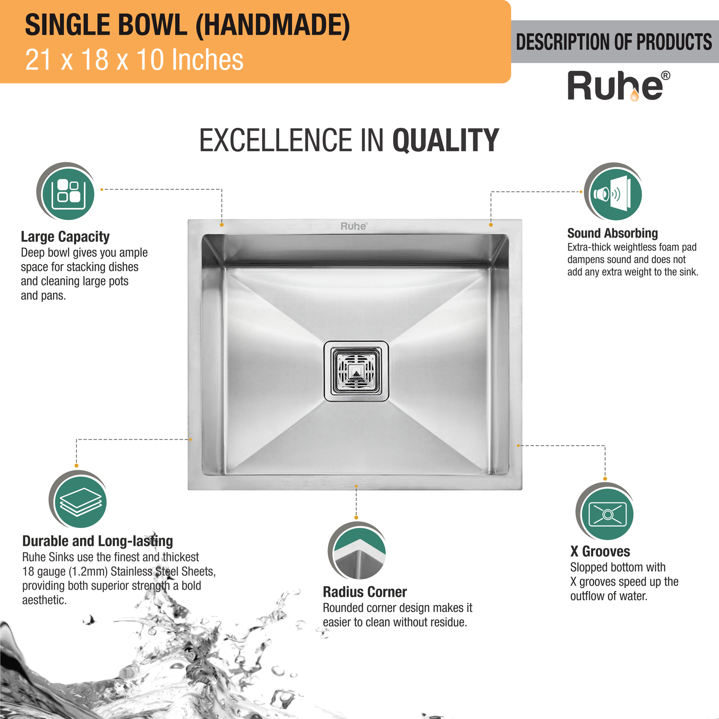 Handmade Single Bowl Kitchen Sink (21 x 18 x 10 Inches) Quality