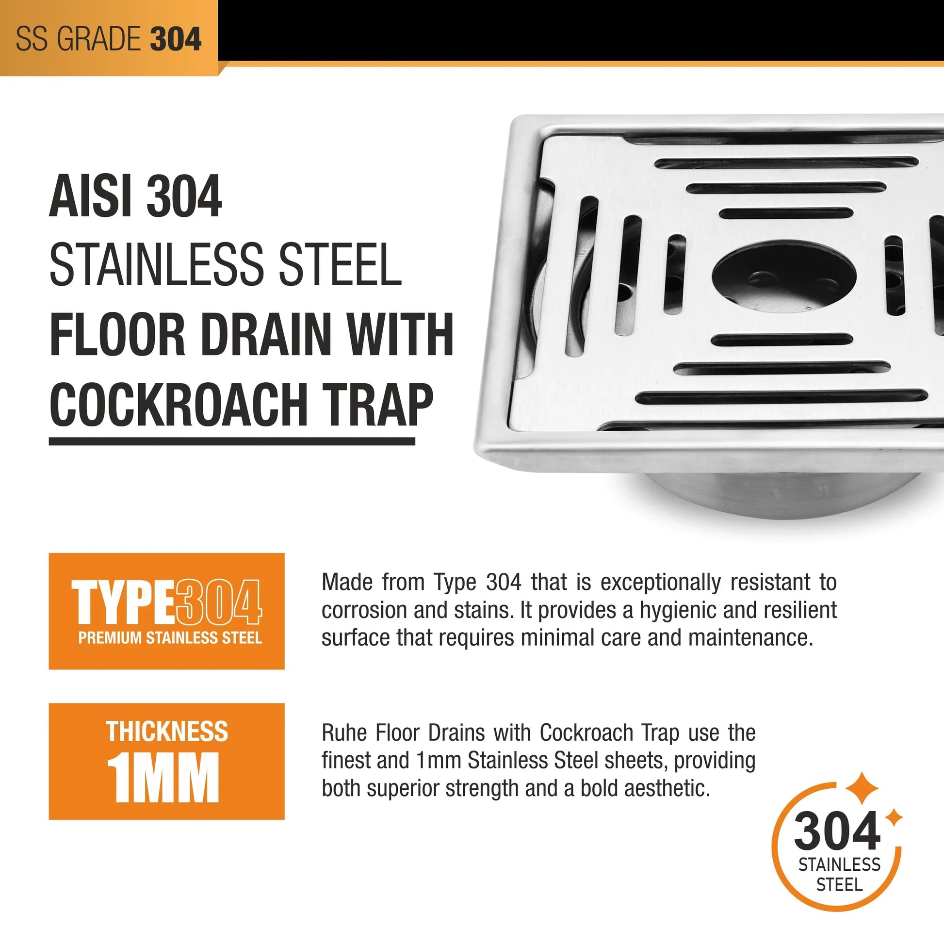 Opal Floor Drain Square (6 x 6 Inches) with Hole and Cockroach Trap 5
