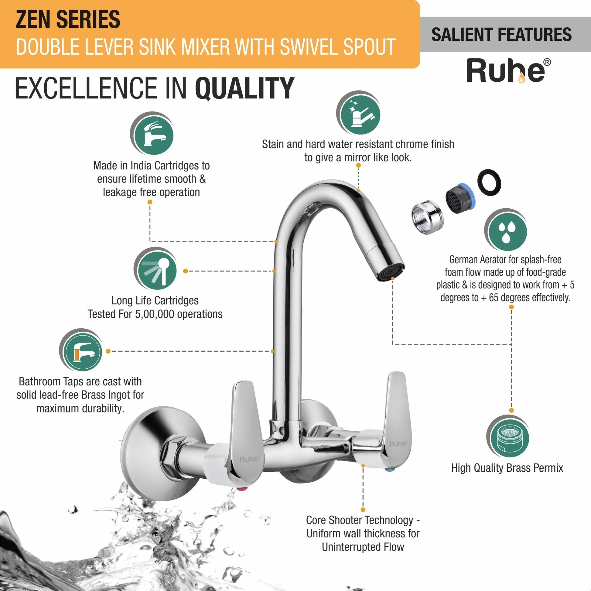 Zen Sink Mixer Brass Faucet with Swivel Spout Features