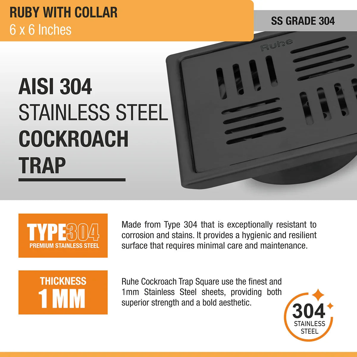 Ruby Square 304-Grade Floor Drain in Black PVD Coating (6 x 6 Inches) stainless steel
