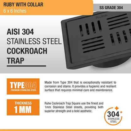 Ruby Square 304-Grade Floor Drain in Black PVD Coating (6 x 6 Inches) stainless steel