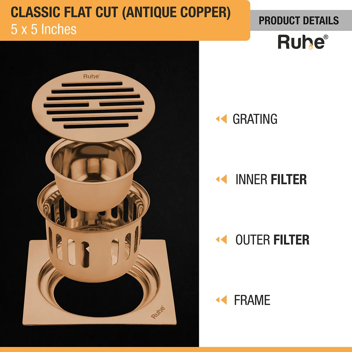 Classic Square Flat Cut Floor Drain in Antique Copper PVD Coating (5 x 5 Inches) with grating, inner filter, outer filter, frame