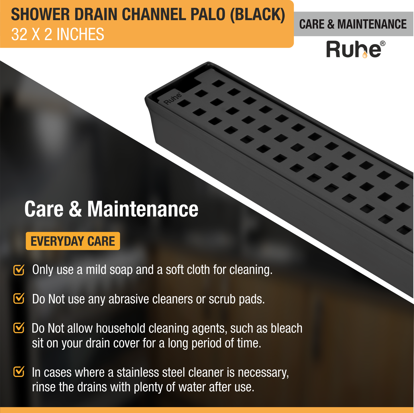 Palo Shower Drain Channel Black (2 Inches)