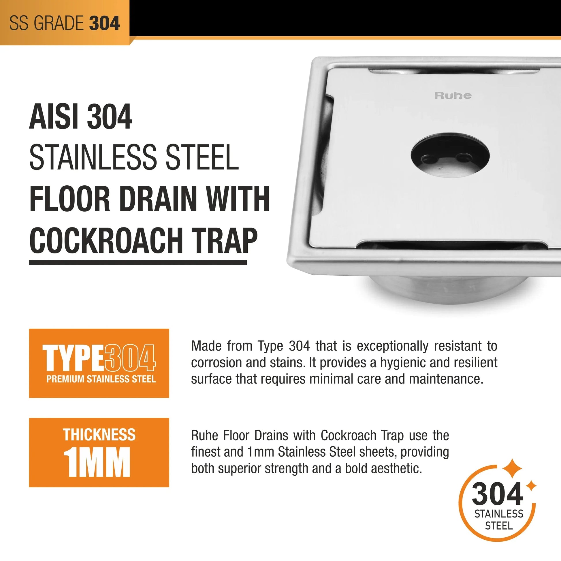 Diamond Floor Drain Square (5 x 5 Inches) with Hole and Cockroach Trap 5