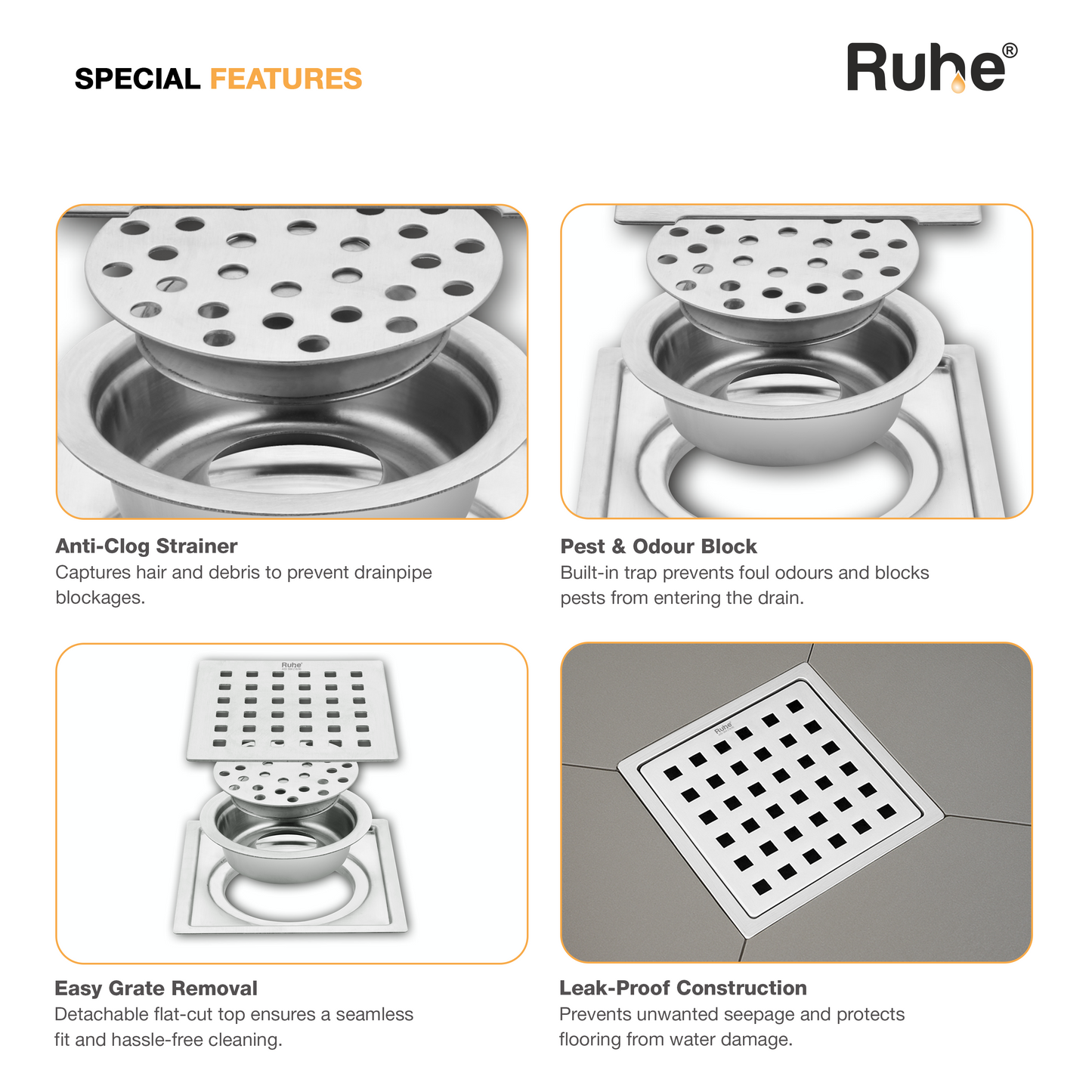 Pearl Square Flat Cut Floor Drain