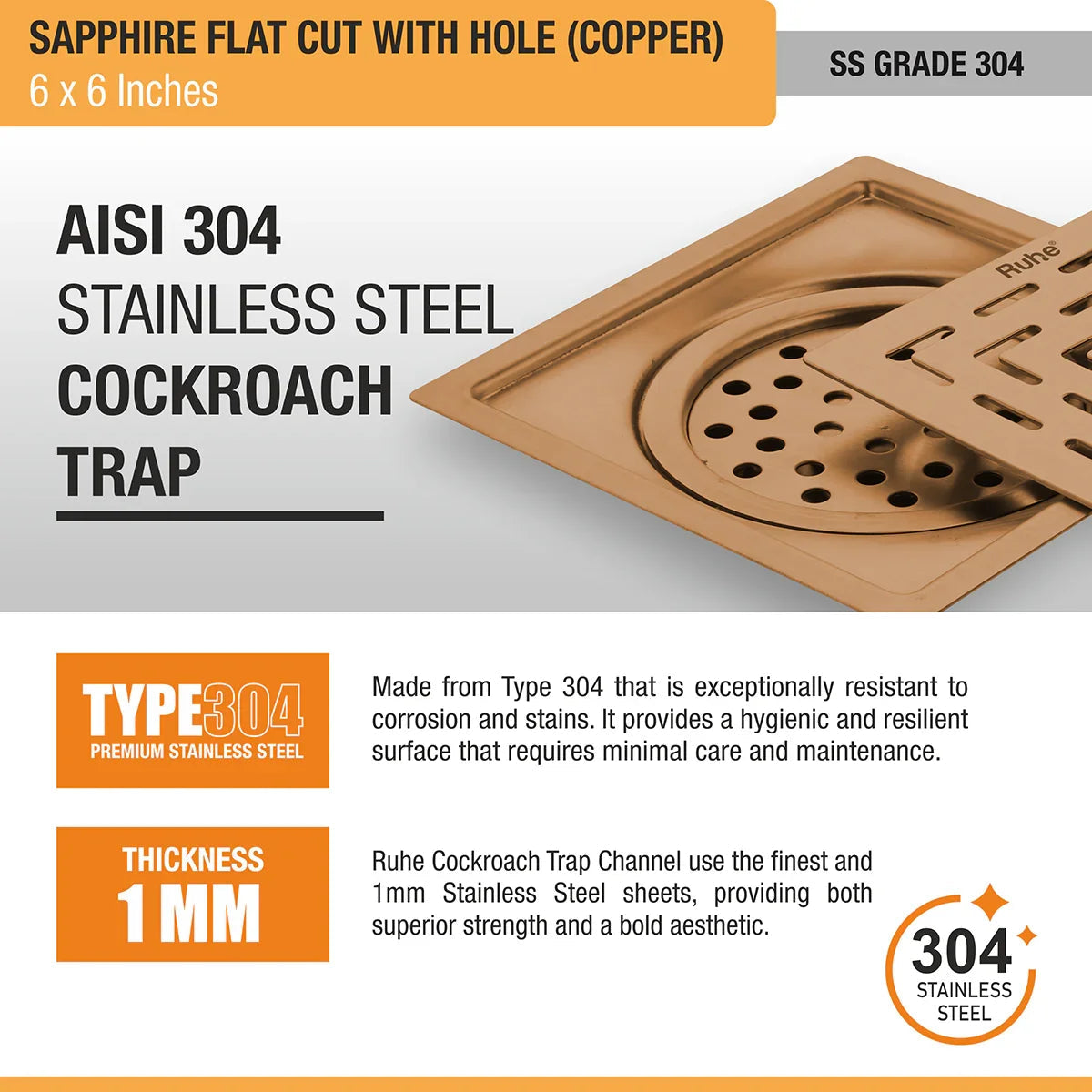 Sapphire Square Flat Cut Floor Drain in Antique Copper PVD Coating (6 x 6 Inches) with Hole stainless steel