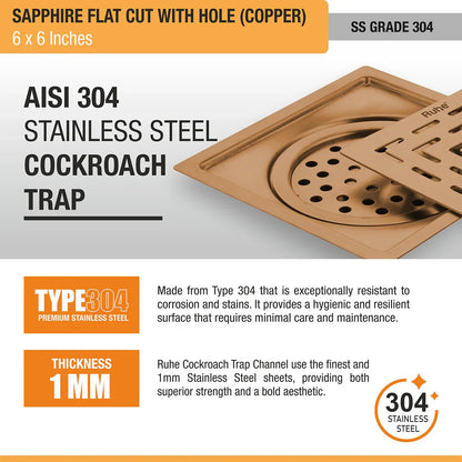 Sapphire Square Flat Cut Floor Drain in Antique Copper PVD Coating (6 x 6 Inches) with Hole stainless steel