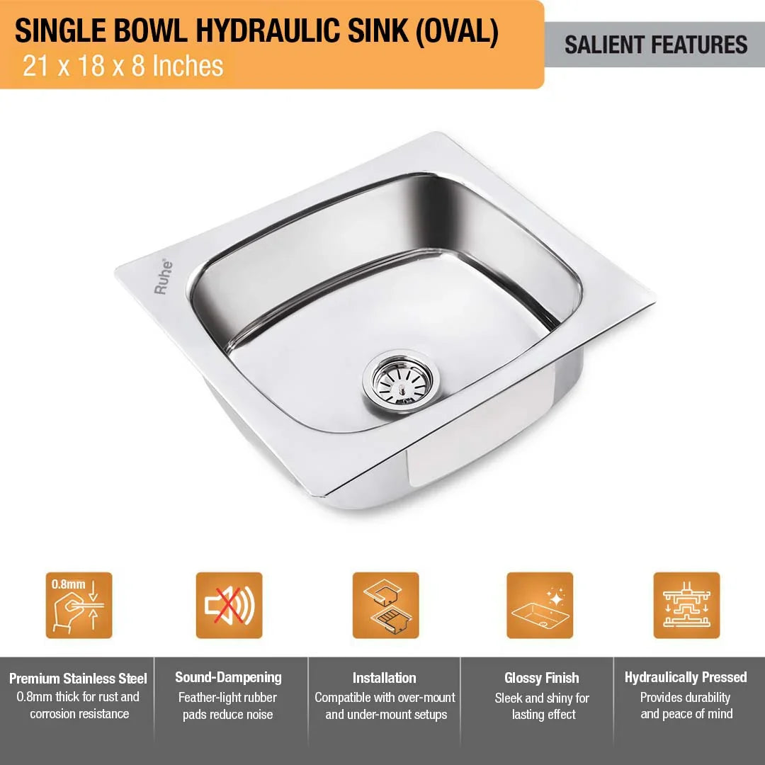 Oval Single Bowl Kitchen Sink (21 x 18 x 8 Inches)(Salient Features)