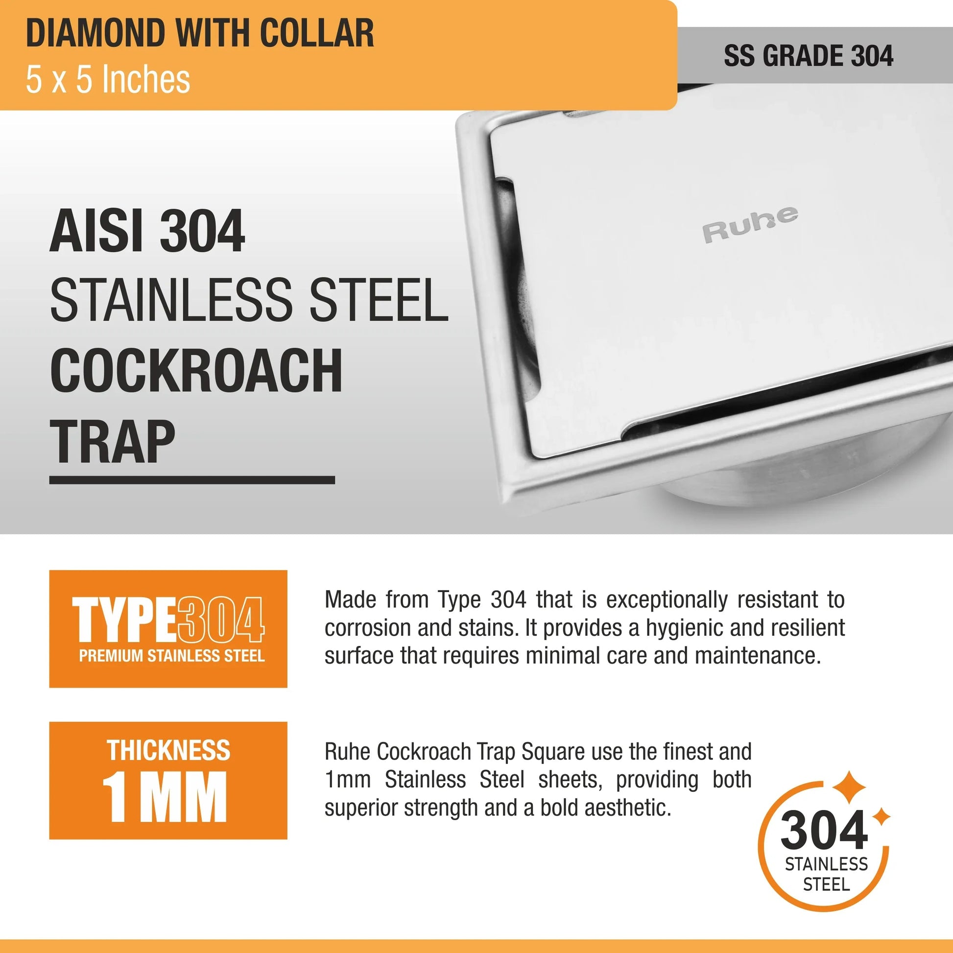 Diamond Floor Drain with Collar Square (5 x 5 Inches) with Cockroach Trap (304 Grade) stainless steel