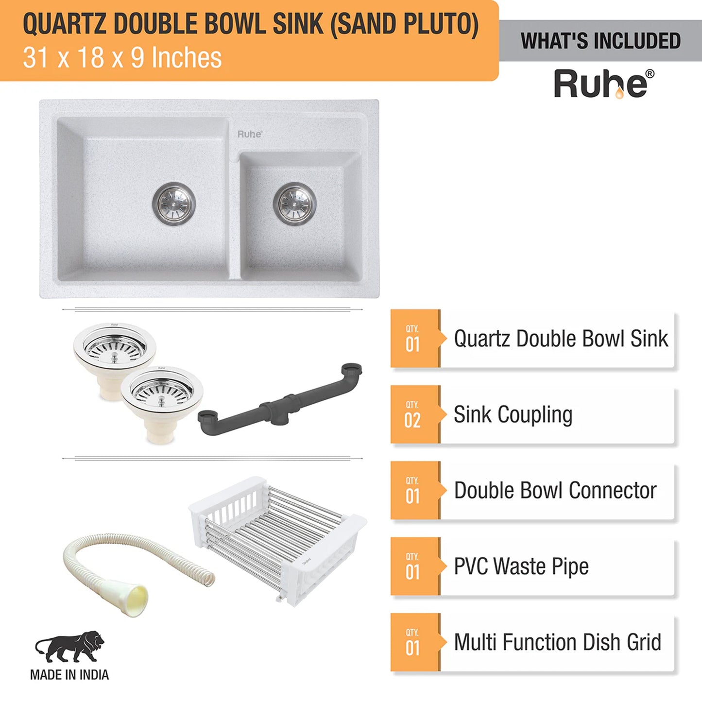 Quartz Double Bowl Kitchen Sink (31 x 18 x 9 Inches)