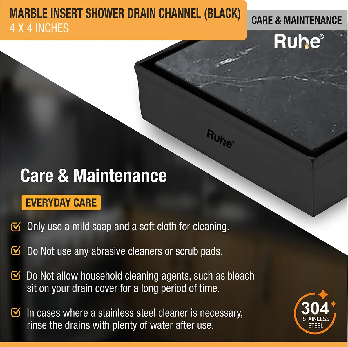 Marble-Insert Shower Drain Channel (4 x 4 Inches)