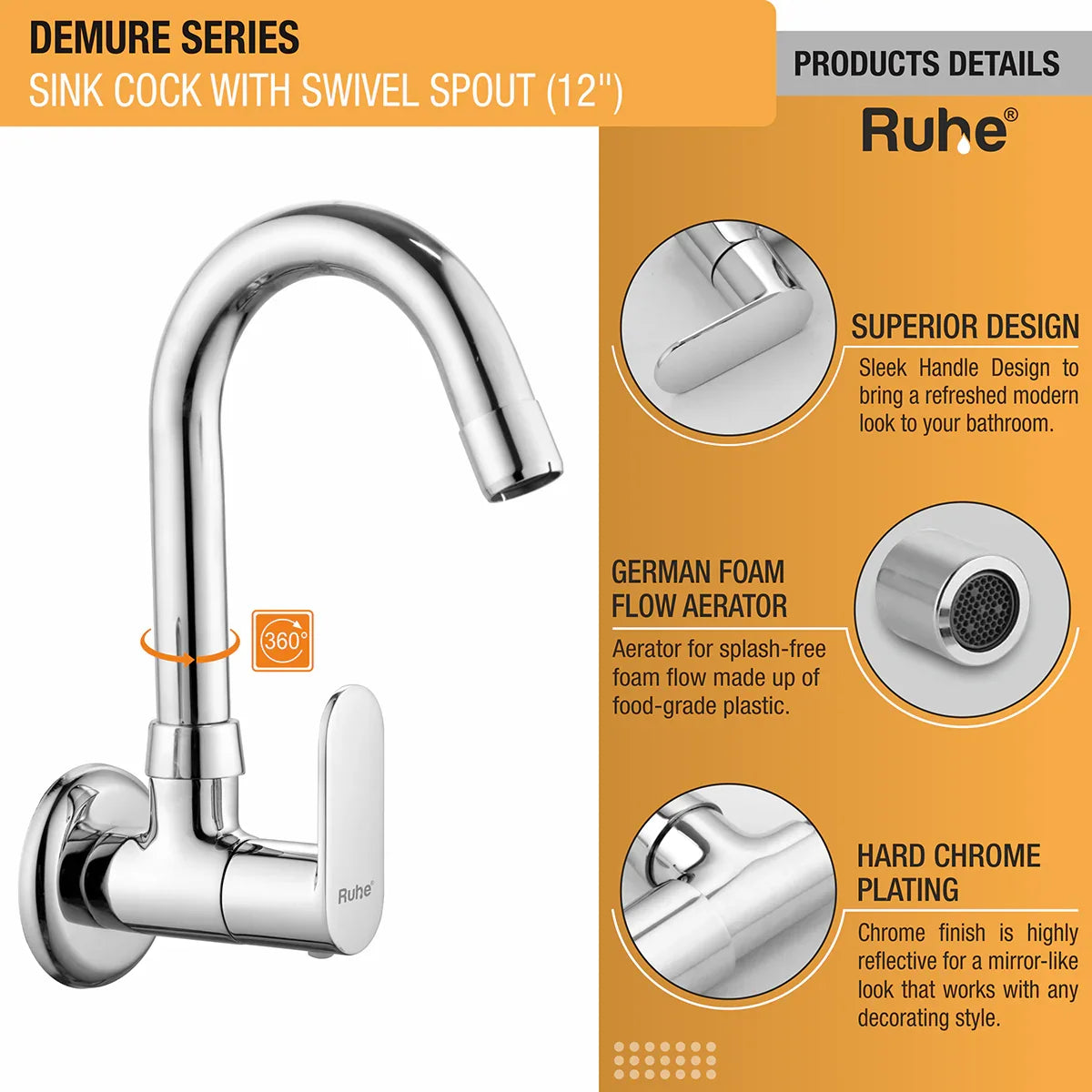 Demure Wall Mount Kitchen Sink Tap with Swivel Spout