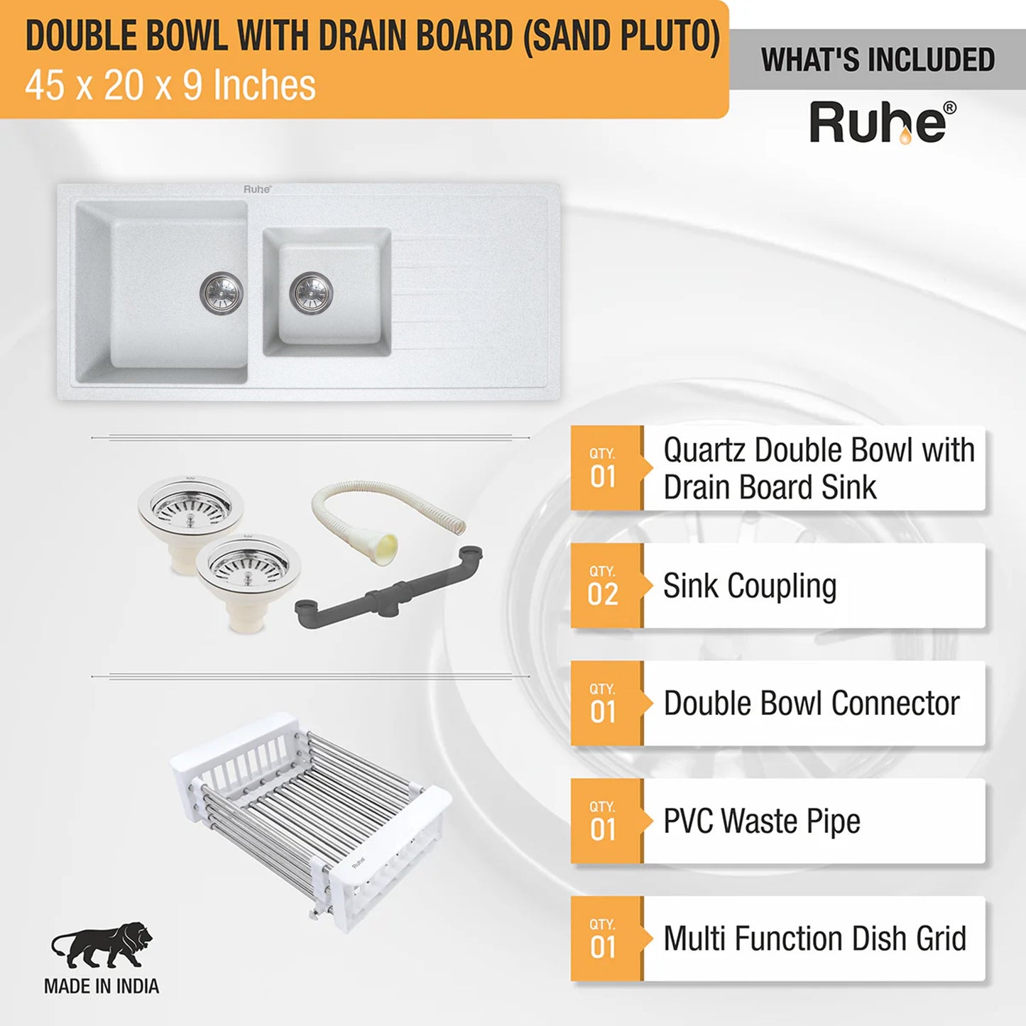 Quartz Double Bowl with Drainboard Kitchen Sink (45 x 20 x 9 inches)