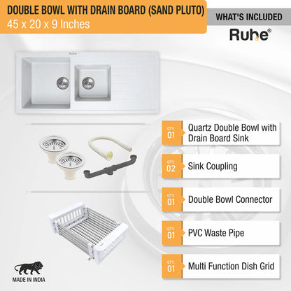 Quartz Double Bowl with Drainboard Kitchen Sink (45 x 20 x 9 inches)
