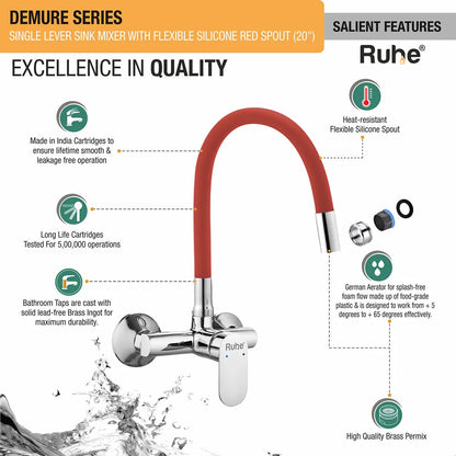 Demure Single Lever Wall-mount Kitchen Sink Mixer Tap with Red Silicone Spout - by Ruhe