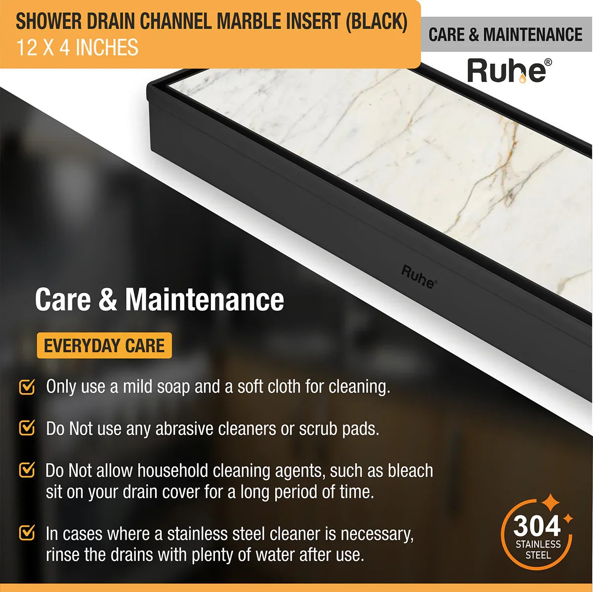 Marble-Insert Shower Drain Channel (4 Inches)