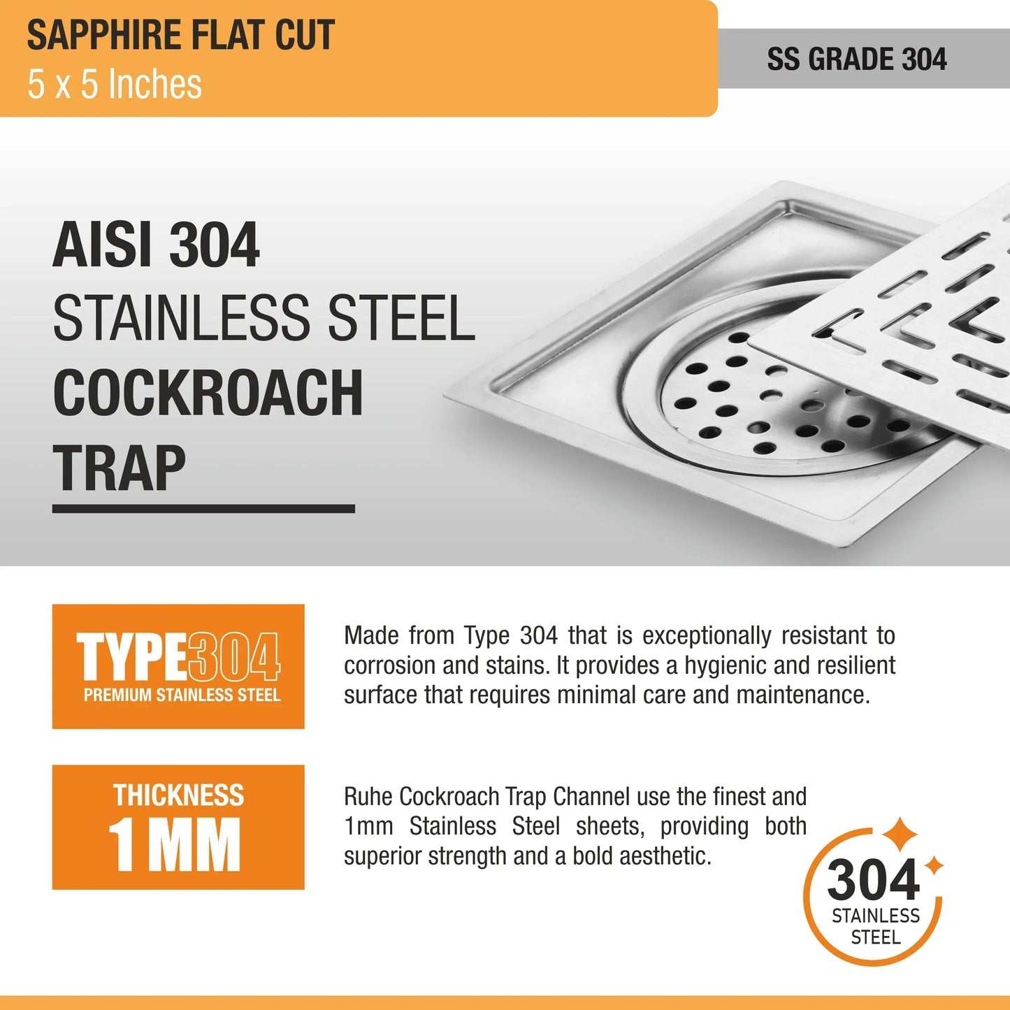 Sapphire Floor Drain Square Flat Cut (5 x 5 Inches) with Cockroach Trap (304 Grade) stainless steel