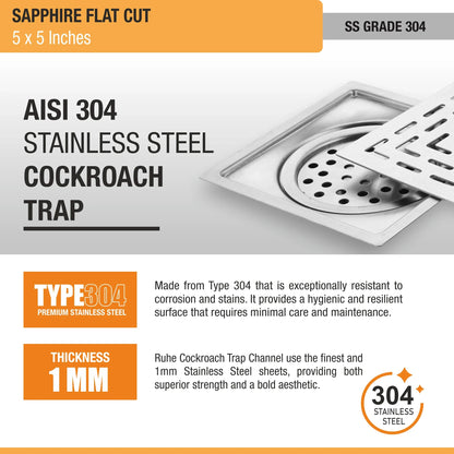 Sapphire Floor Drain Square Flat Cut (5 x 5 Inches) with Cockroach Trap (304 Grade) stainless steel