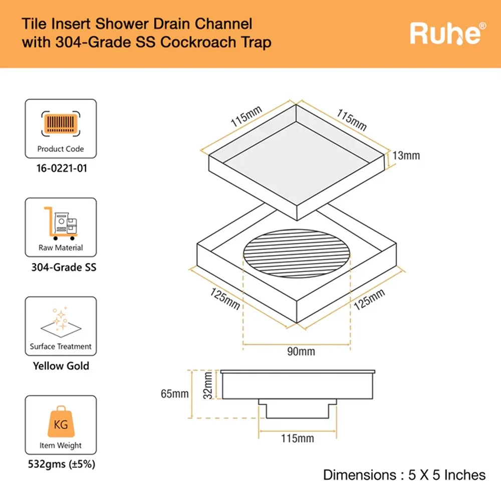 Tile-Insert Shower Drain Channel (5 x 5 Inches)