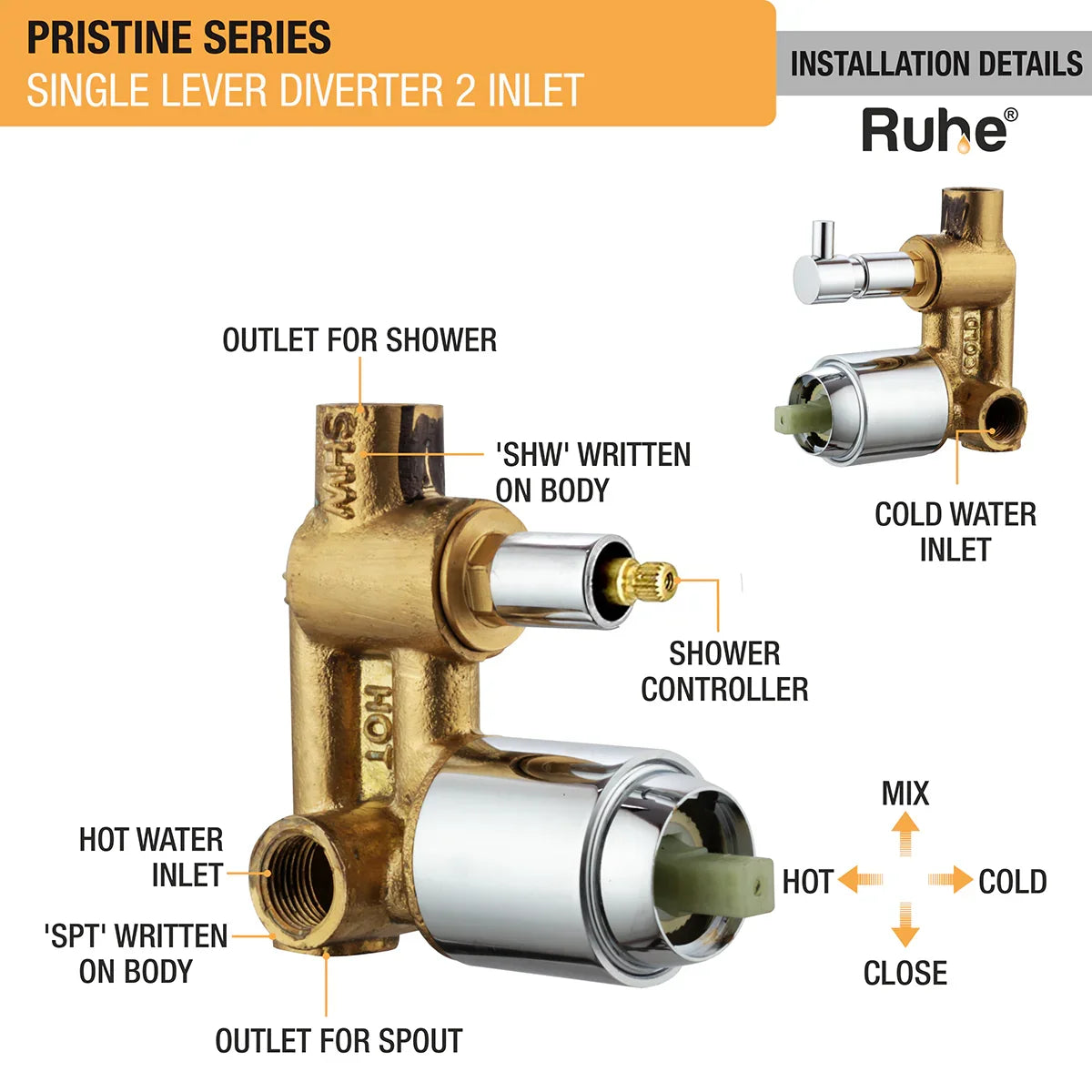 Pristine Single Lever 2-inlet Diverter (Complete Set) - by Ruhe