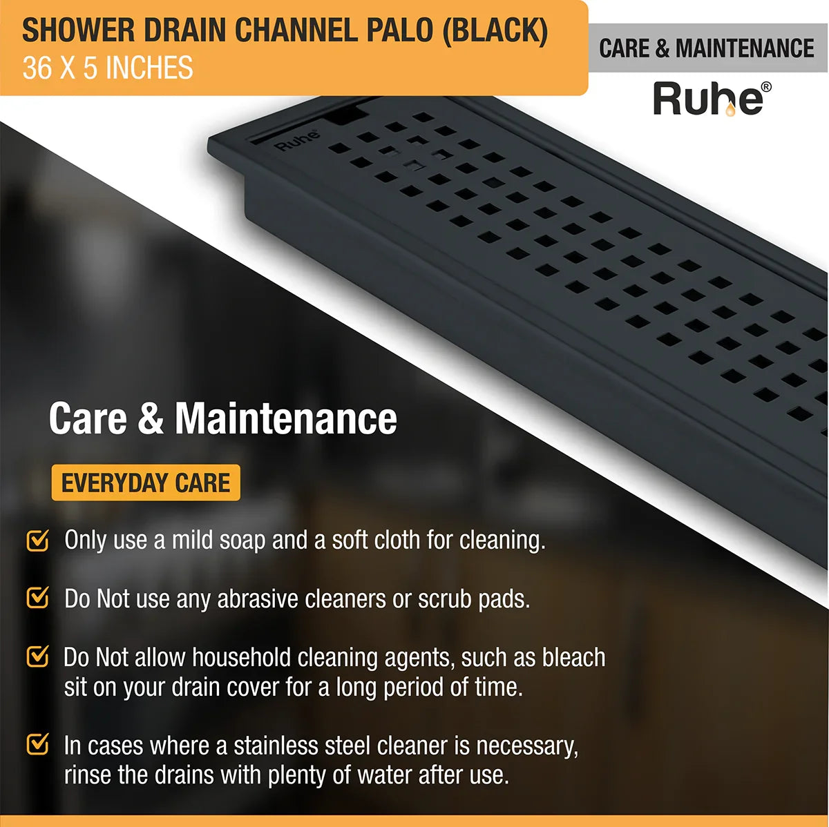 Palo Shower Drain Channel (36 x 5 Inches) Black PVD Coated care and maintenance