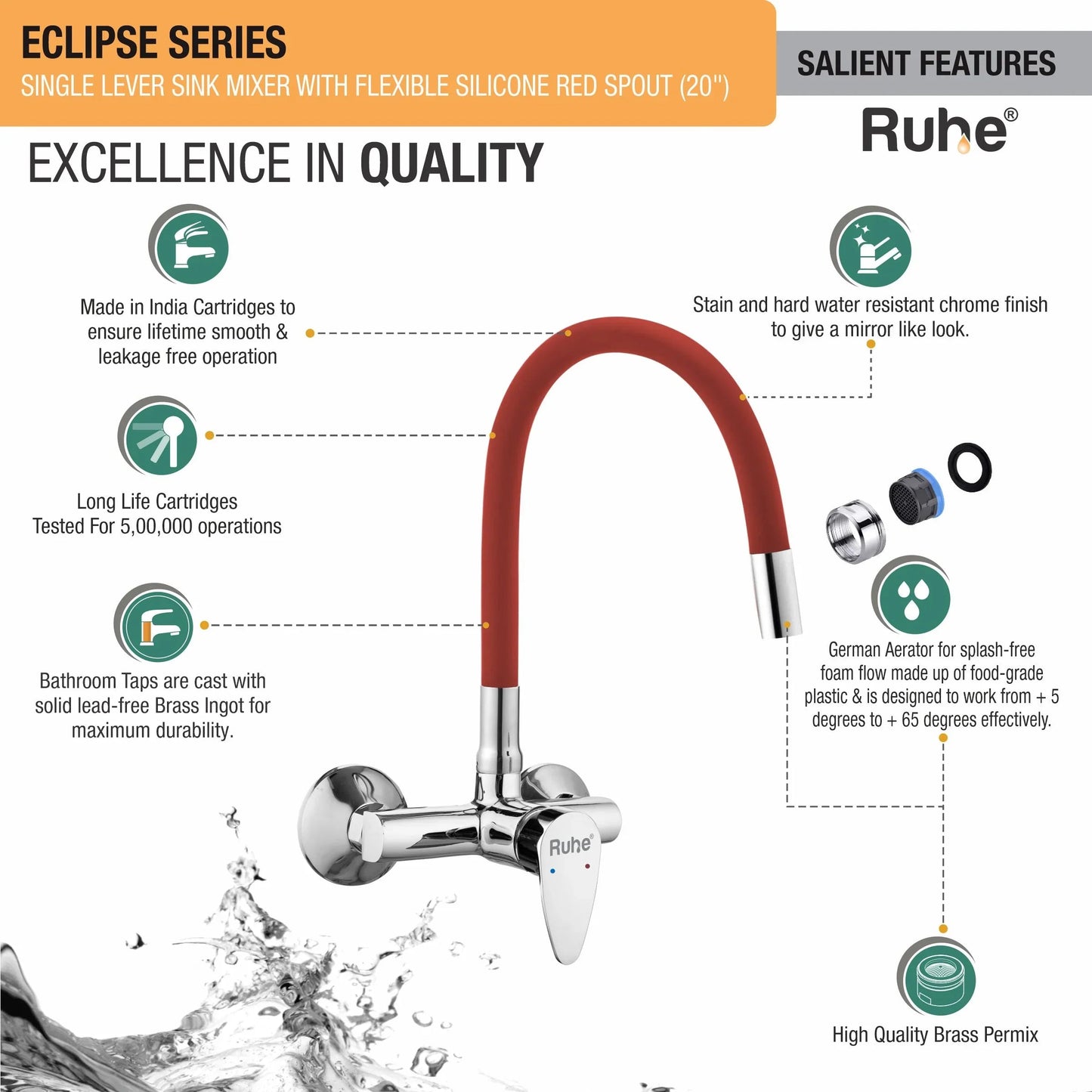 Eclipse Single Lever Wall-mount Kitchen Sink Mixer Tap with Coloured Silicone Spout