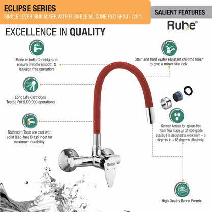 Eclipse Single Lever Wall-mount Kitchen Sink Mixer Tap with Red Silicone Spout - by Ruhe