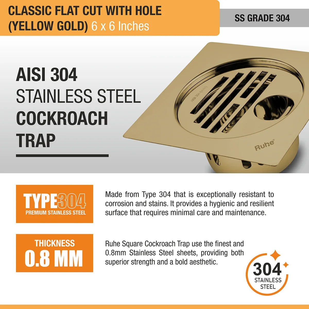 Classic Square Flat Cut Floor Drain in Yellow Gold PVD Coating (6 x 6 Inches) with Hole ss grade 304