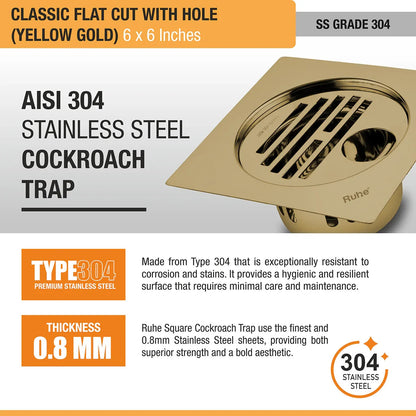 Classic Square Flat Cut Floor Drain in Yellow Gold PVD Coating (6 x 6 Inches) with Hole ss grade 304