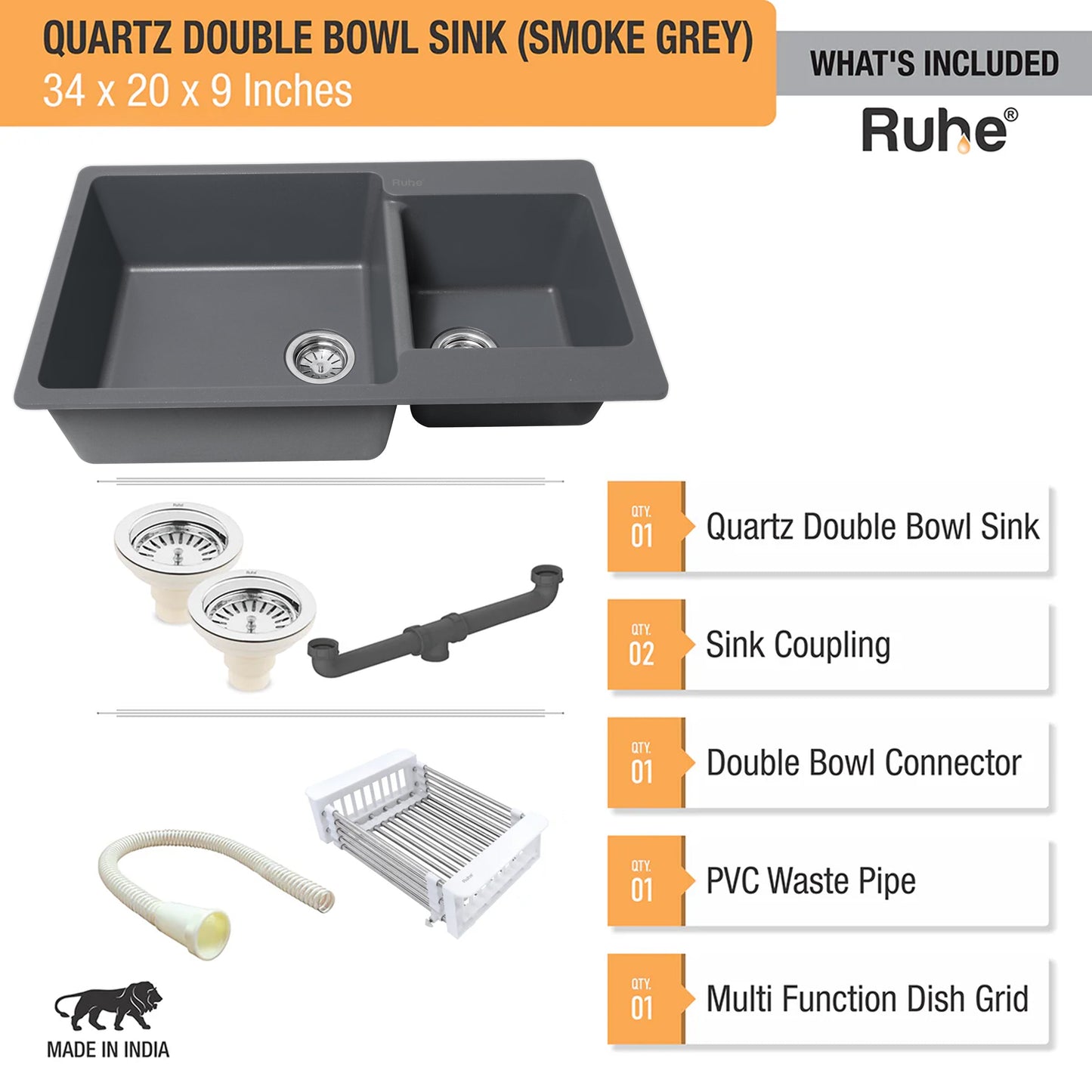 Quartz Double Bowl Kitchen Sink (34 x 20 x 9 inches)