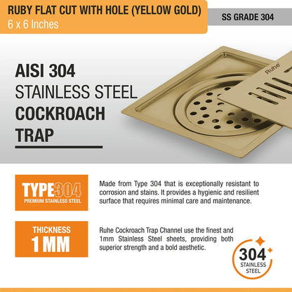 Ruby Square Flat Cut Floor Drain in Yellow Gold PVD Coating (6 x 6 Inches) with Hole stainless steel